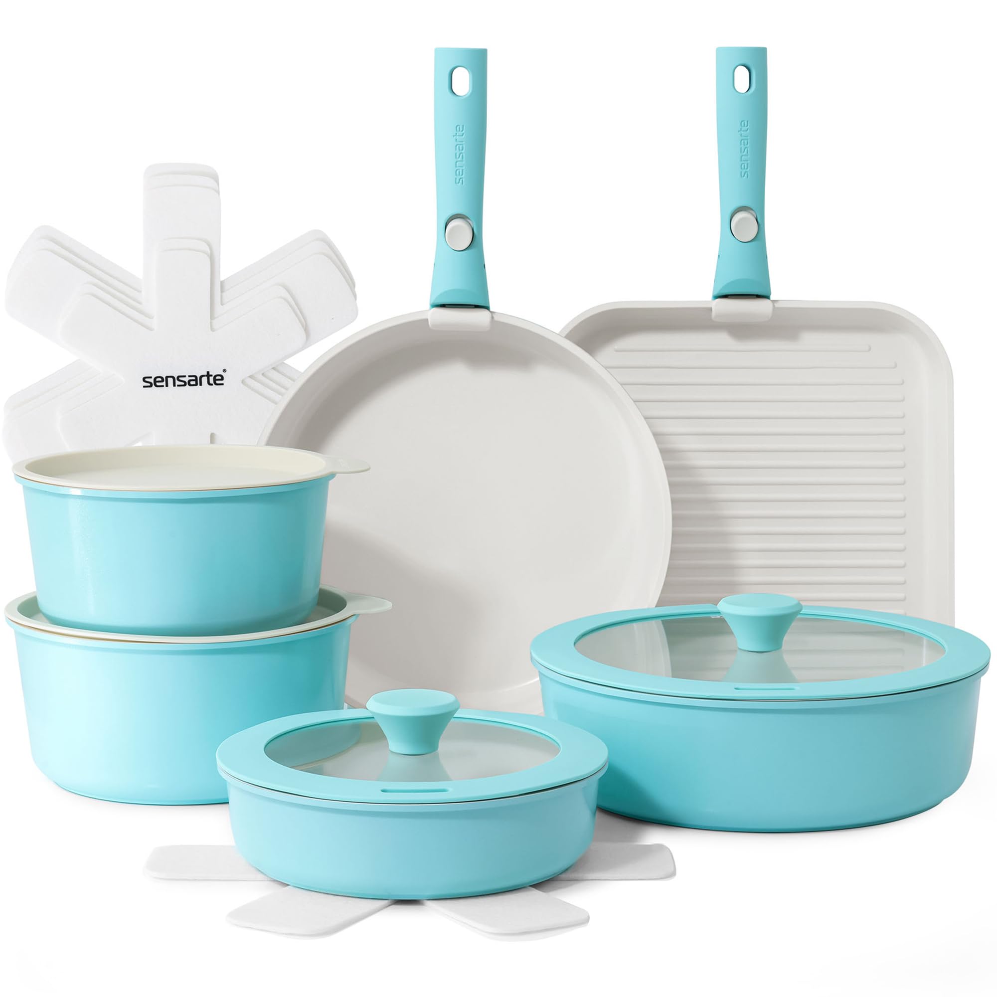 SENSARTE front view of turquoise cookware set showing complete pieces and coordinated finish