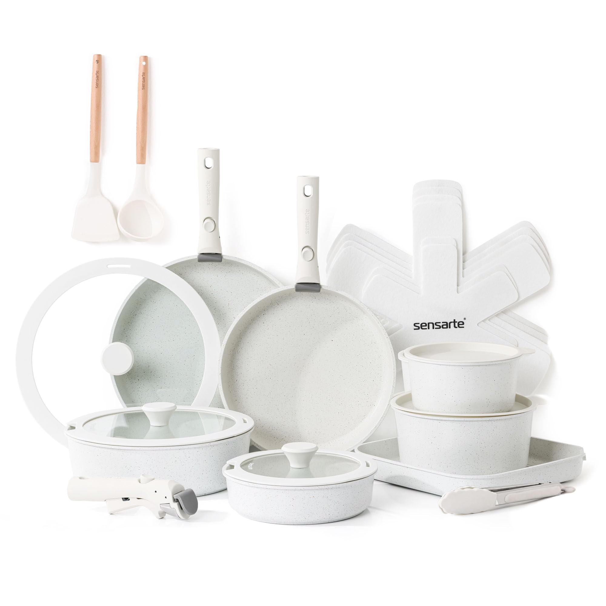 SENSARTE front view of full white cookware set showing all pieces and packing benefits
