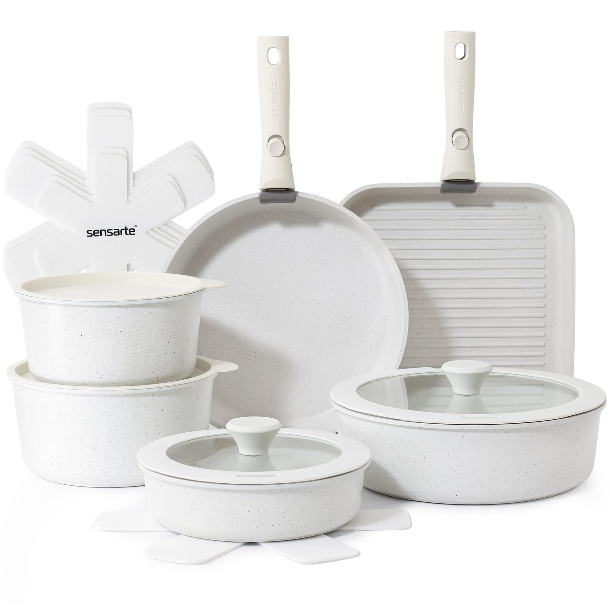 SENSARTE front view of 17-piece white cookware set showcasing full contents and benefits