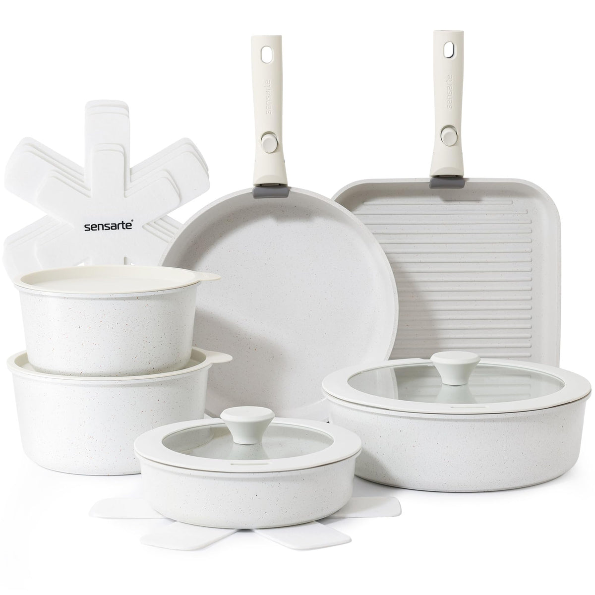 SENSARTE front view of 17-piece white cookware set showcasing full contents and benefits