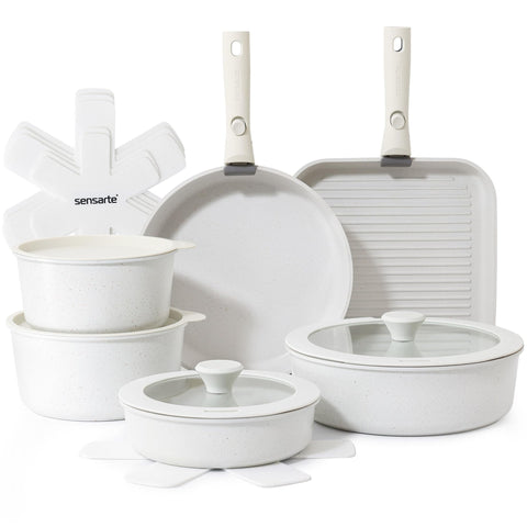 SENSARTE front view of 17-piece white cookware set showcasing full contents and benefits