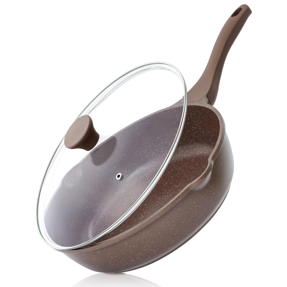 SENSARTE front view of 12-inch pan showing toffee brown finish and lid, highlights versatility