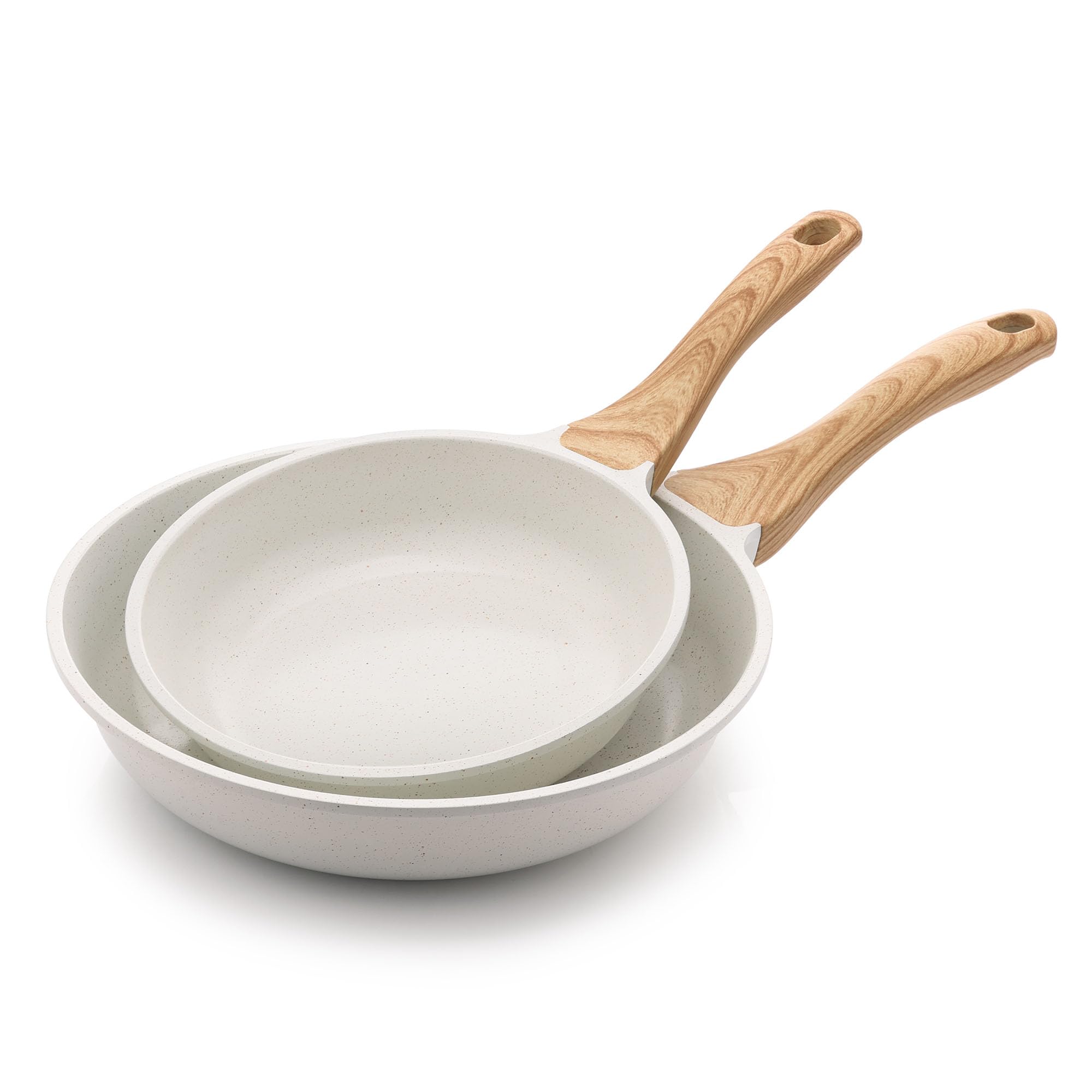 SENSARTE front view of white 8 and 10 inch pans showing clean design and storage benefit
