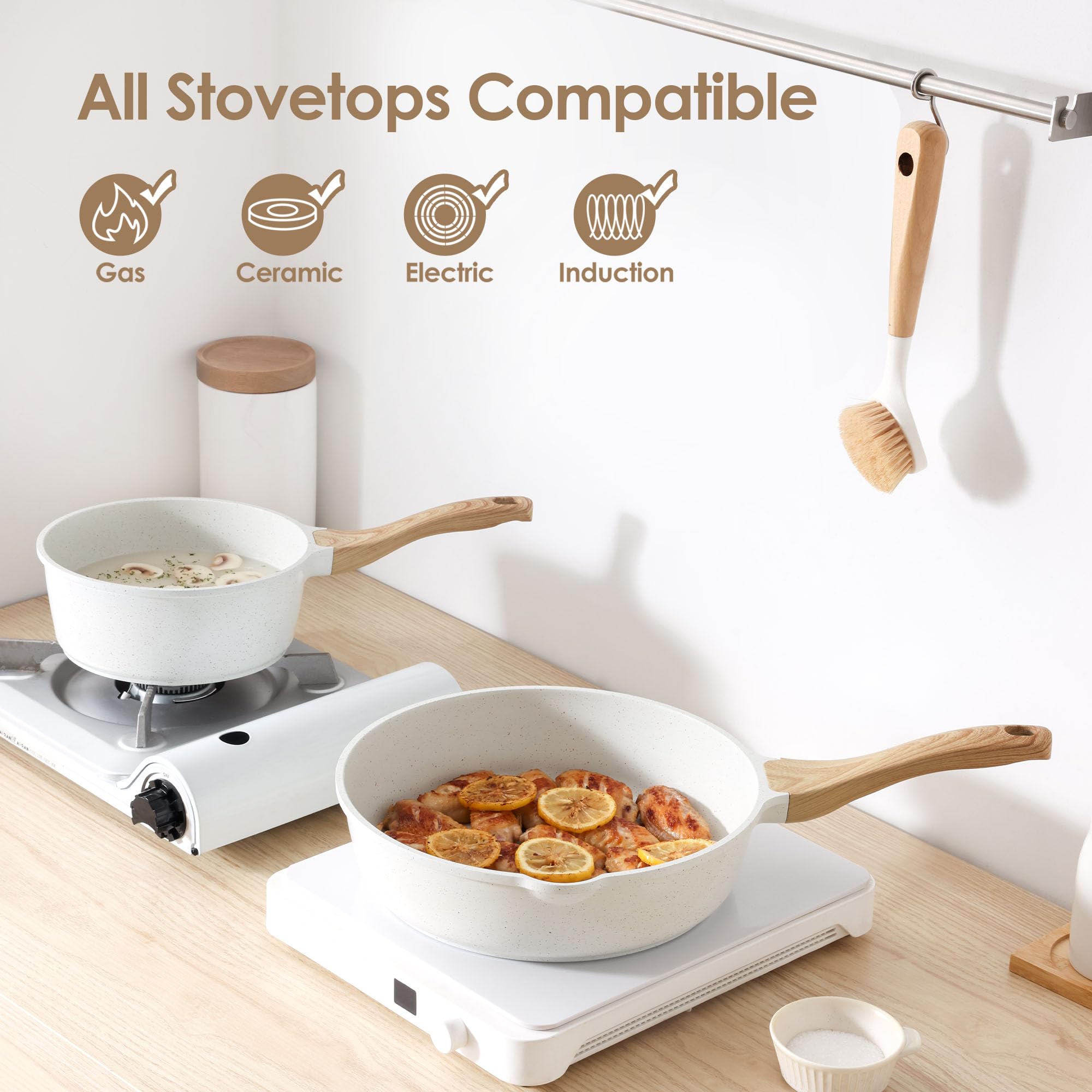SENSARTE frying pan on stovetop demonstrating even heat and quick searing benefit
