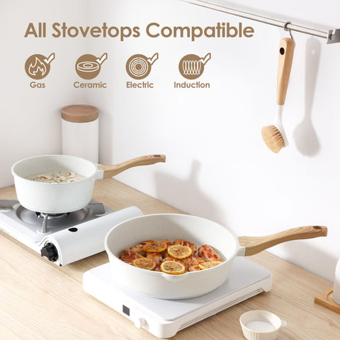 SENSARTE frying pan on stovetop demonstrating even heat and quick searing benefit