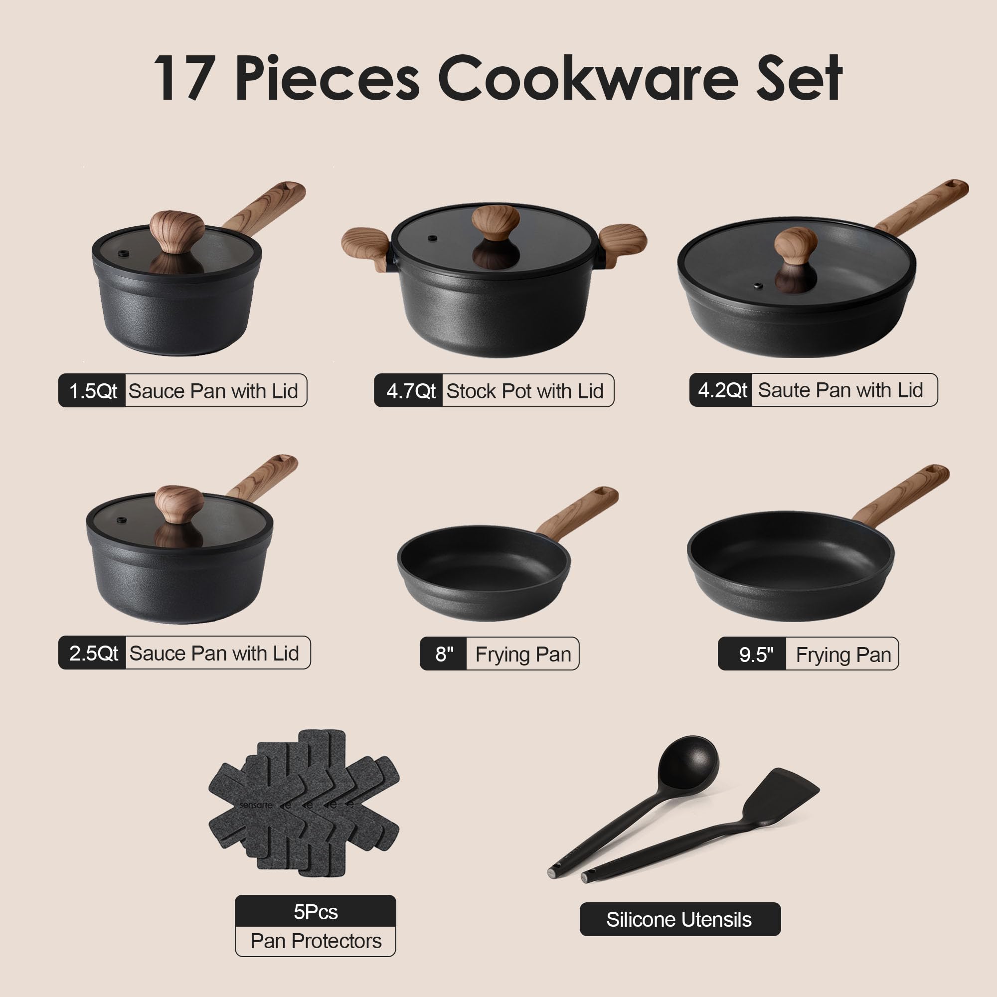 SENSARTE frying pans close-up showing shape and smooth cooking surface benefit