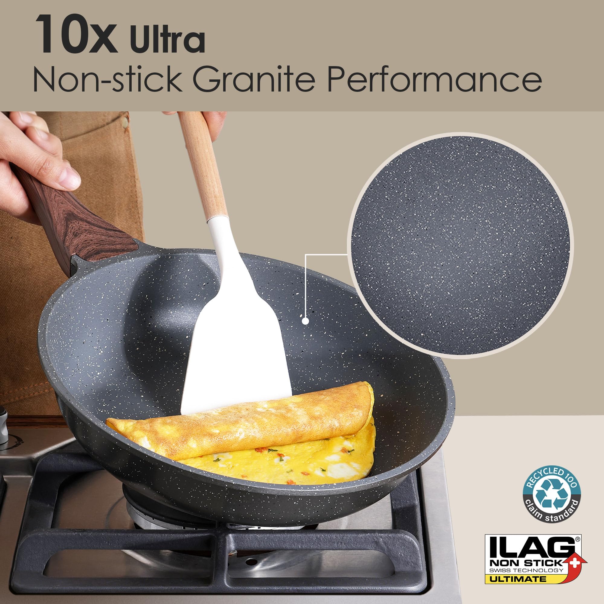 SENSARTE fry pan in use with egg sliding off, demonstrating effortless flipping