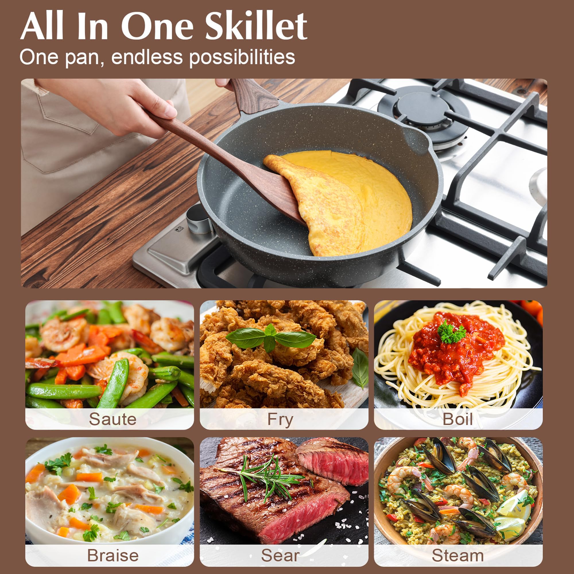 SENSARTE full cookware set arranged on countertop communicating readiness for all cooking tasks
