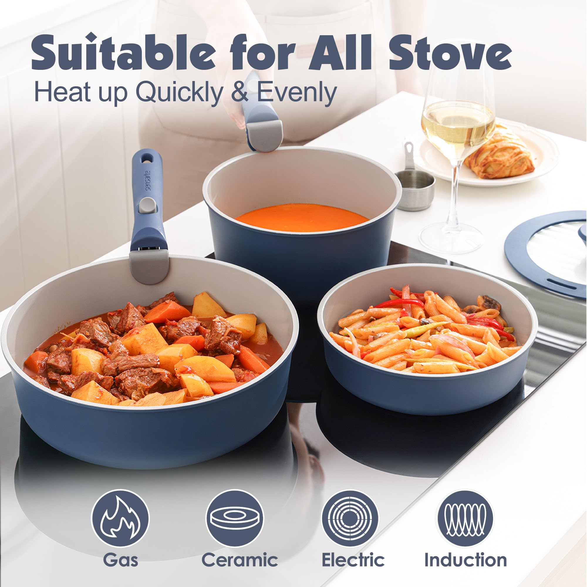 SENSARTE tempered glass lids on pans allowing visual monitoring while cooking