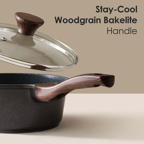 SENSARTE woodgrain bakelite handle close-up, cool-touch grip for safe handling
