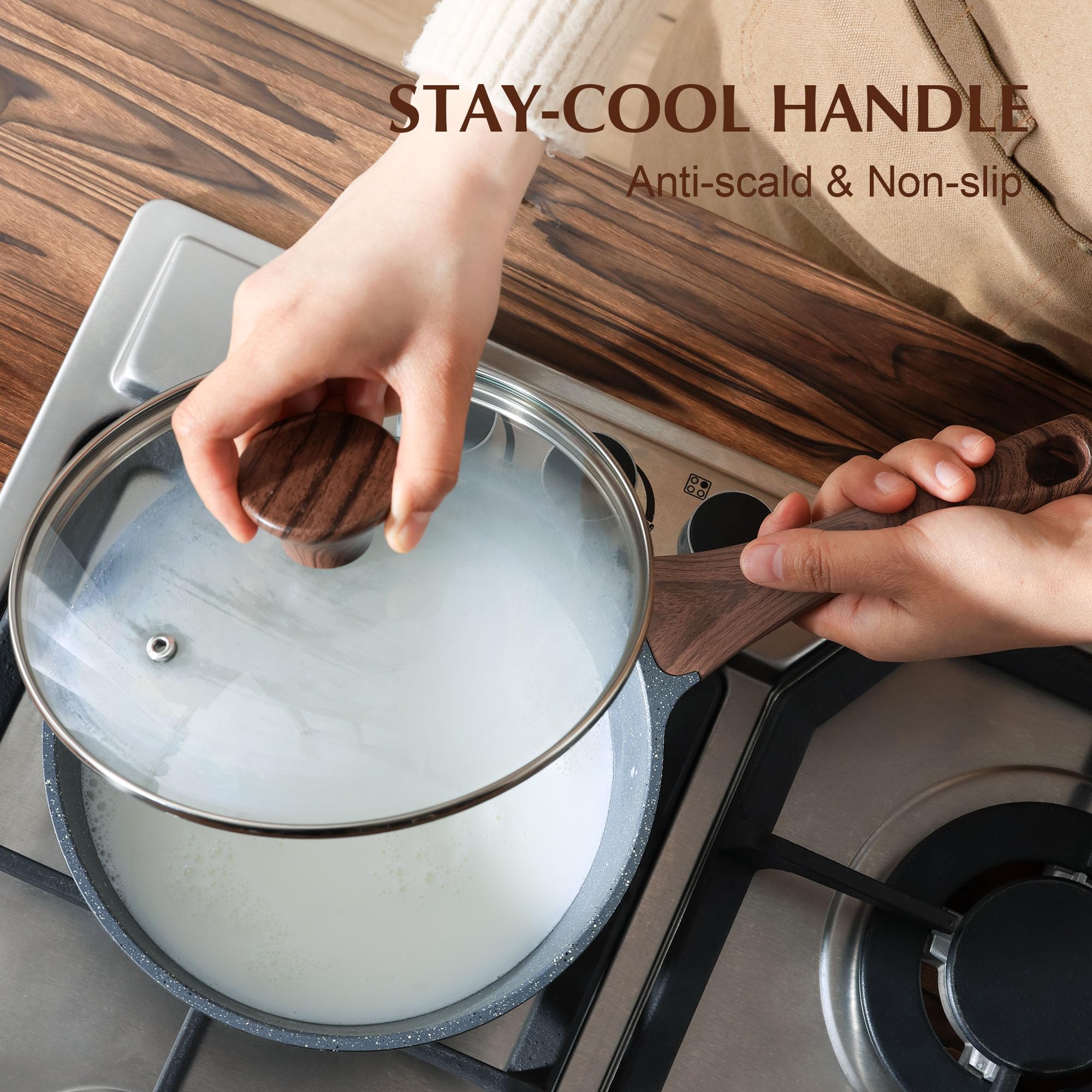 SENSARTE woodgrain bakelite handle detail showing comfortable stay-cool grip benefit