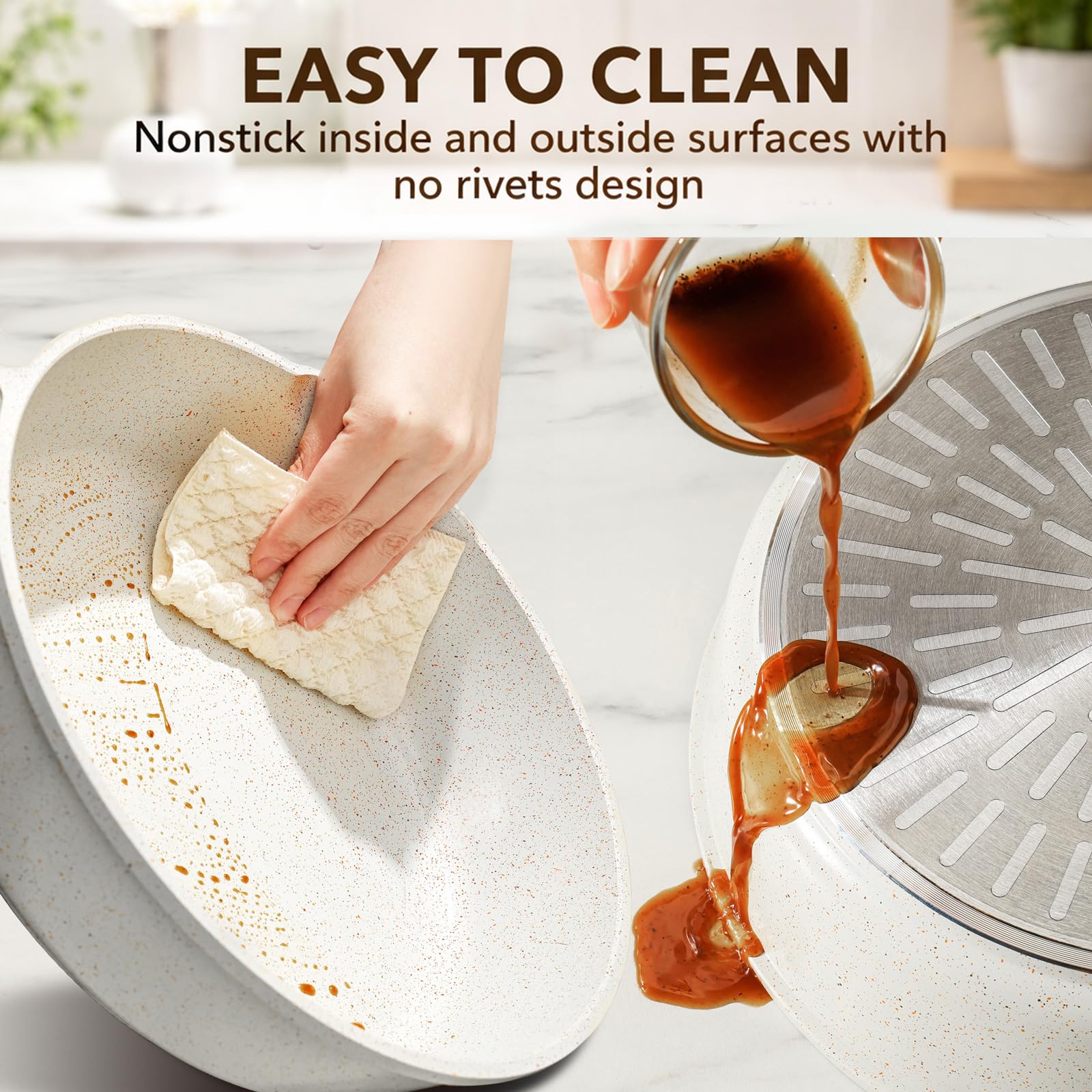 SENSARTE woodgrain bakelite handle being gripped comfortably for secure stovetop handling