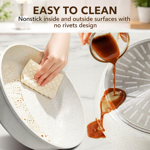 SENSARTE woodgrain bakelite handle being gripped comfortably for secure stovetop handling