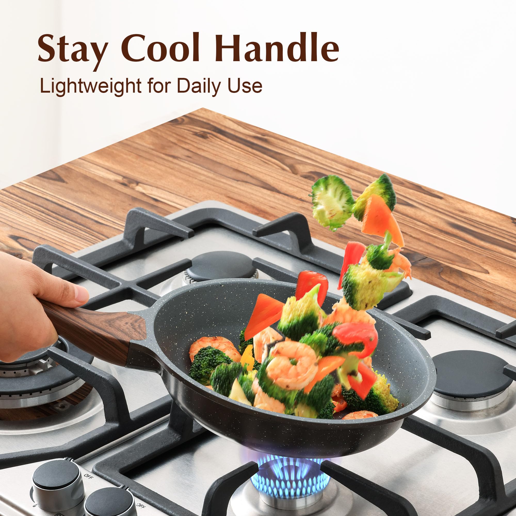 SENSARTE woodgrain bakelite handle, comfortable grip and oven-safe up to 302°F