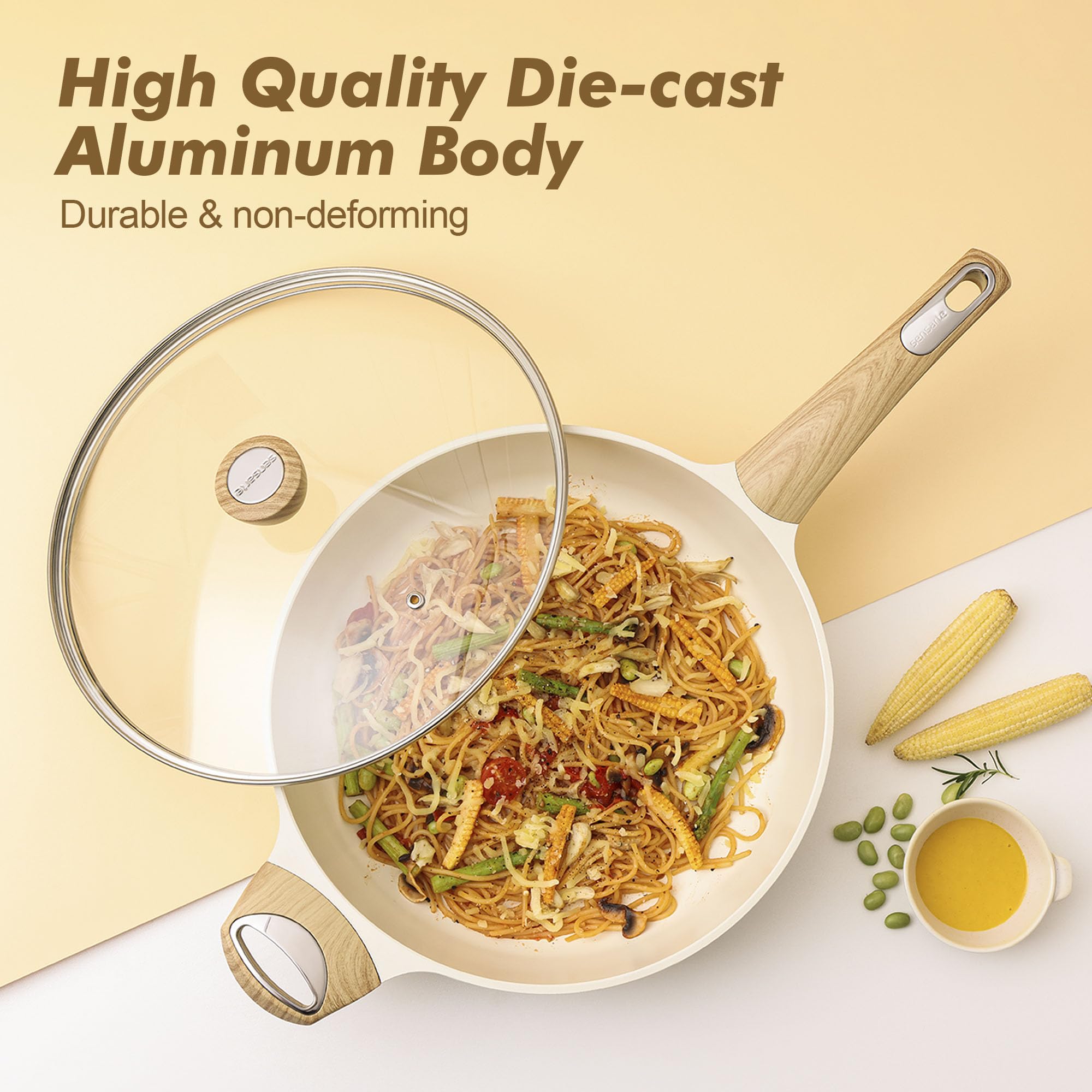 SENSARTE cookware in use sautéing vegetables and steaming for quick cleanup
