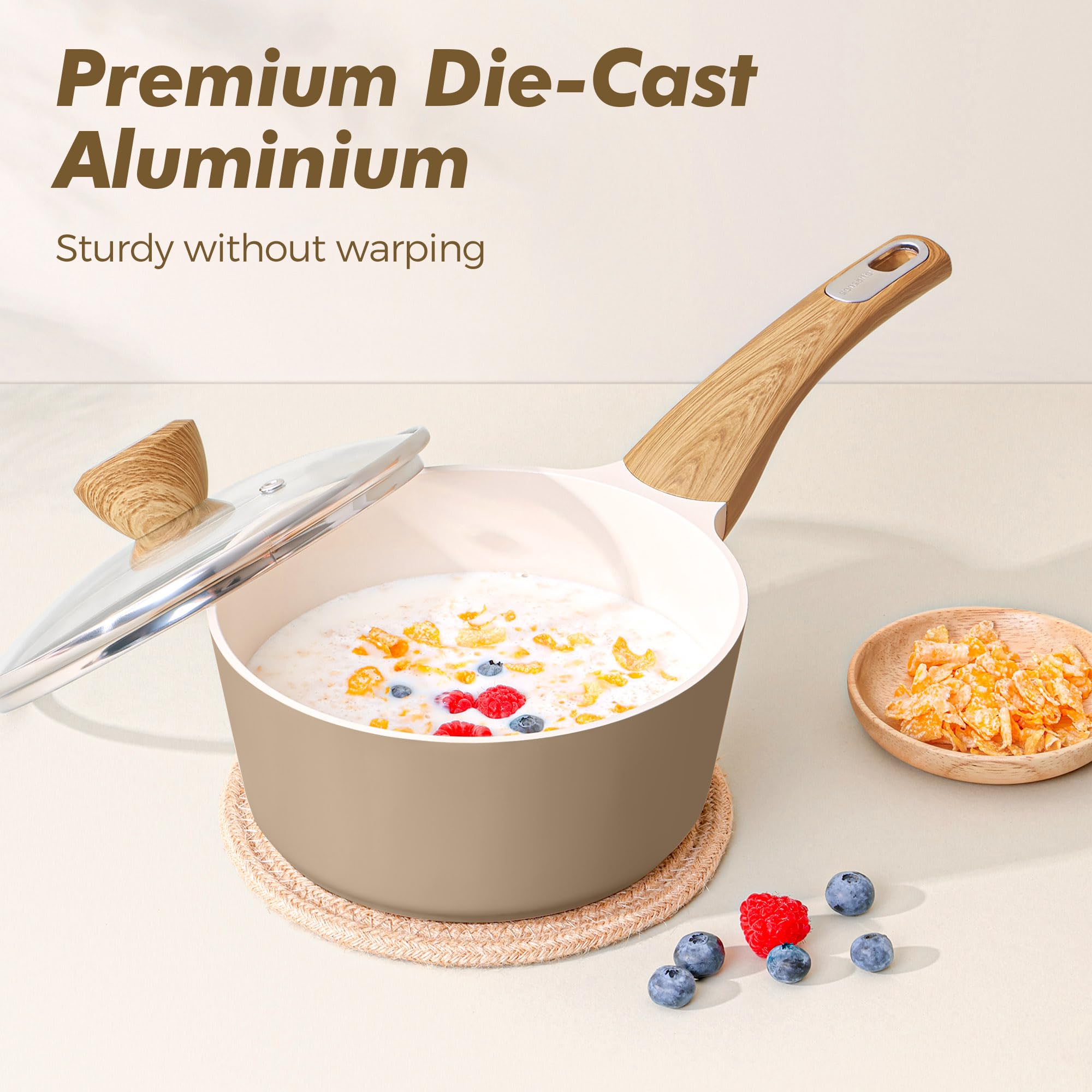SENSARTE handle and glass lid close-up showing stay-cool grip and visibility