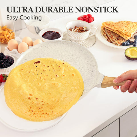 SENSARTE pan in use with crepe being flipped, demonstrating quick even cooking benefit