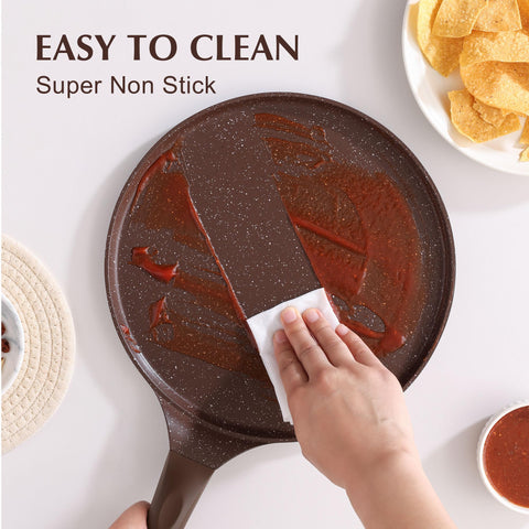 SENSARTE pan in use flipping a crepe demonstrating effortless flip and quick cooking benefit