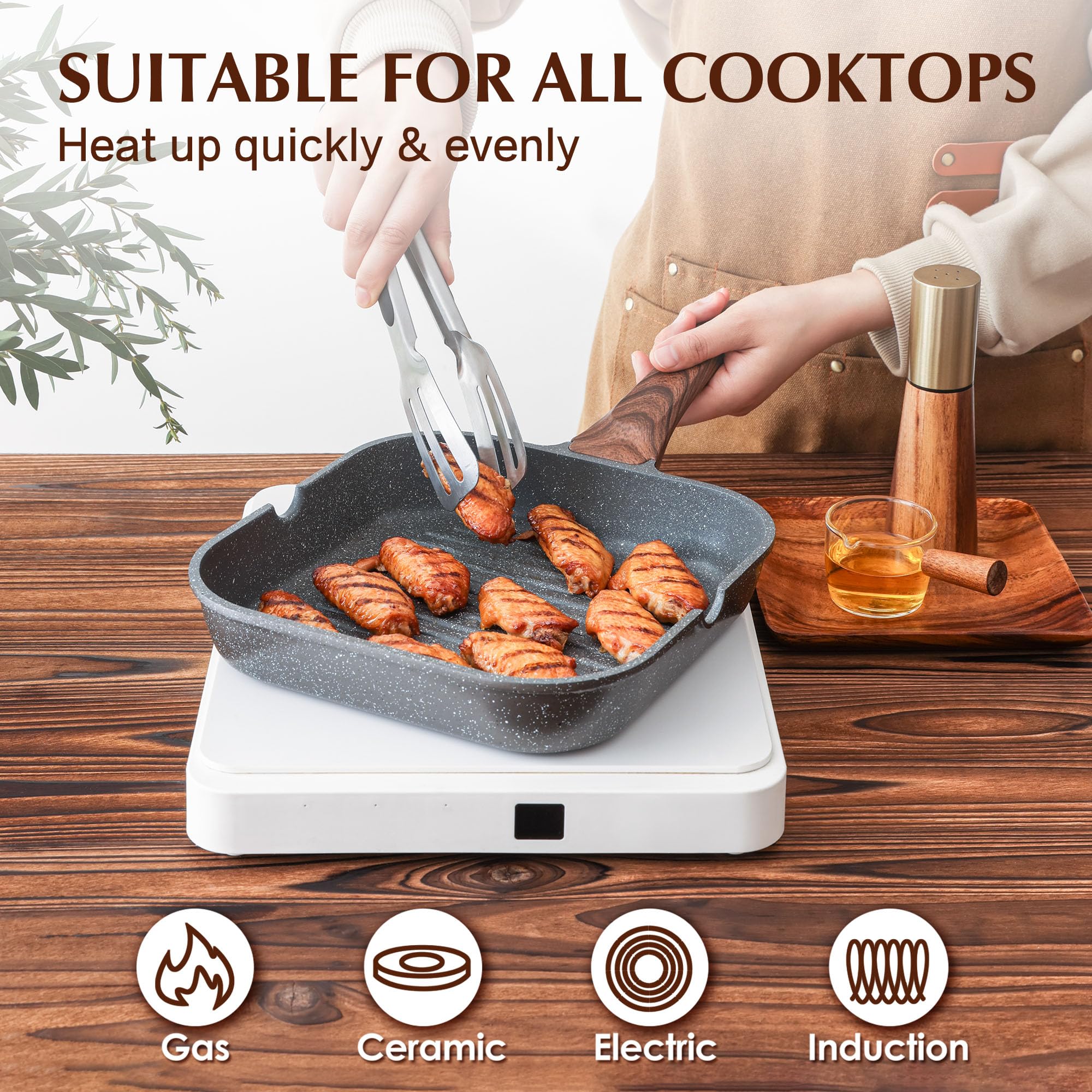 SENSARTE grill pan placed on an induction cooktop demonstrating compatibility
