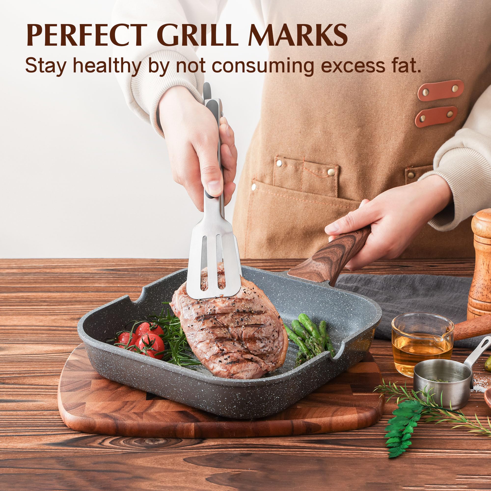 SENSARTE pour spout detail demonstrating easy grease drainage and cleaner cooking