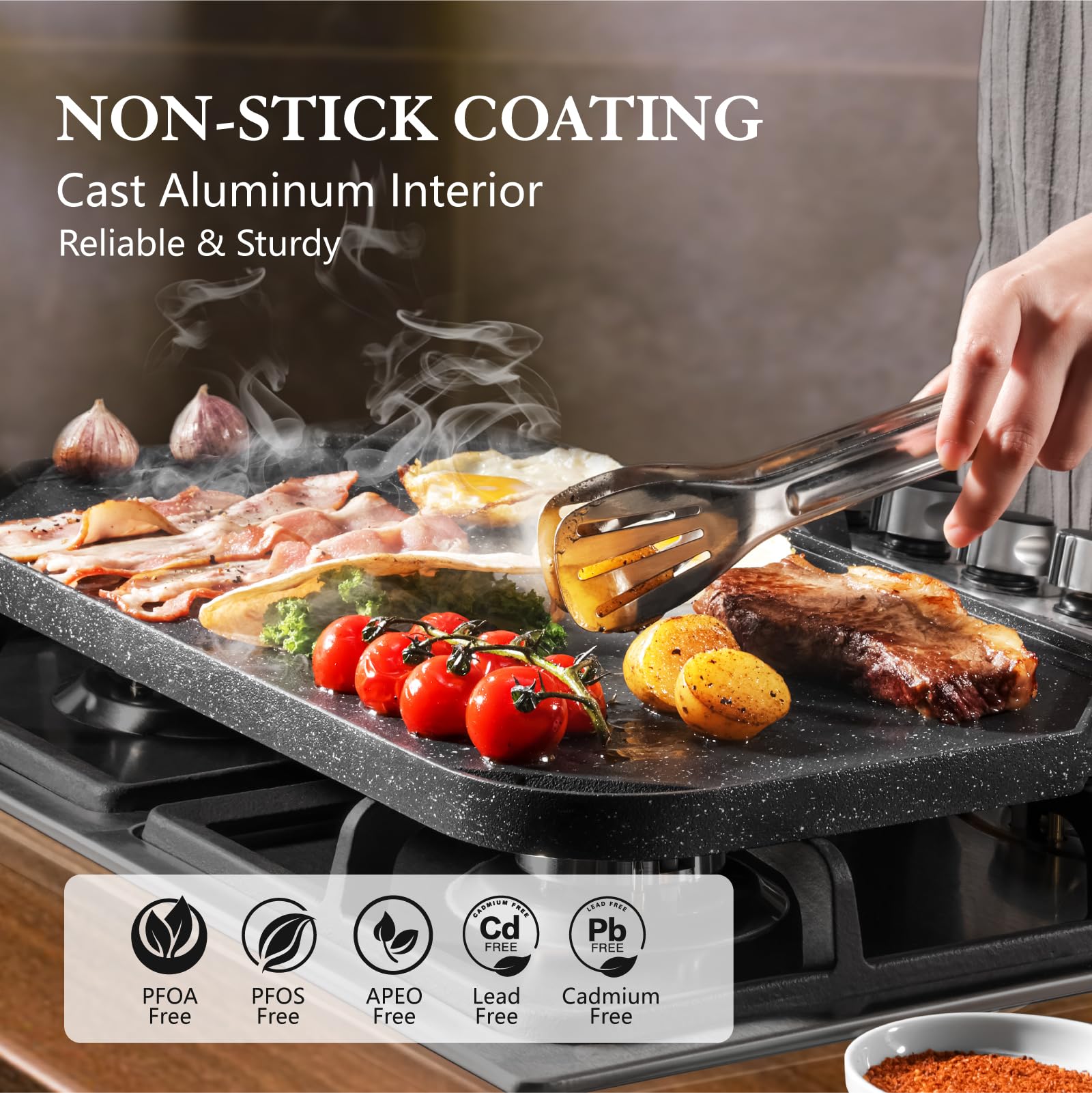 SENSARTE close-up of ribbed grill surface showing sear lines and easy fat drainage