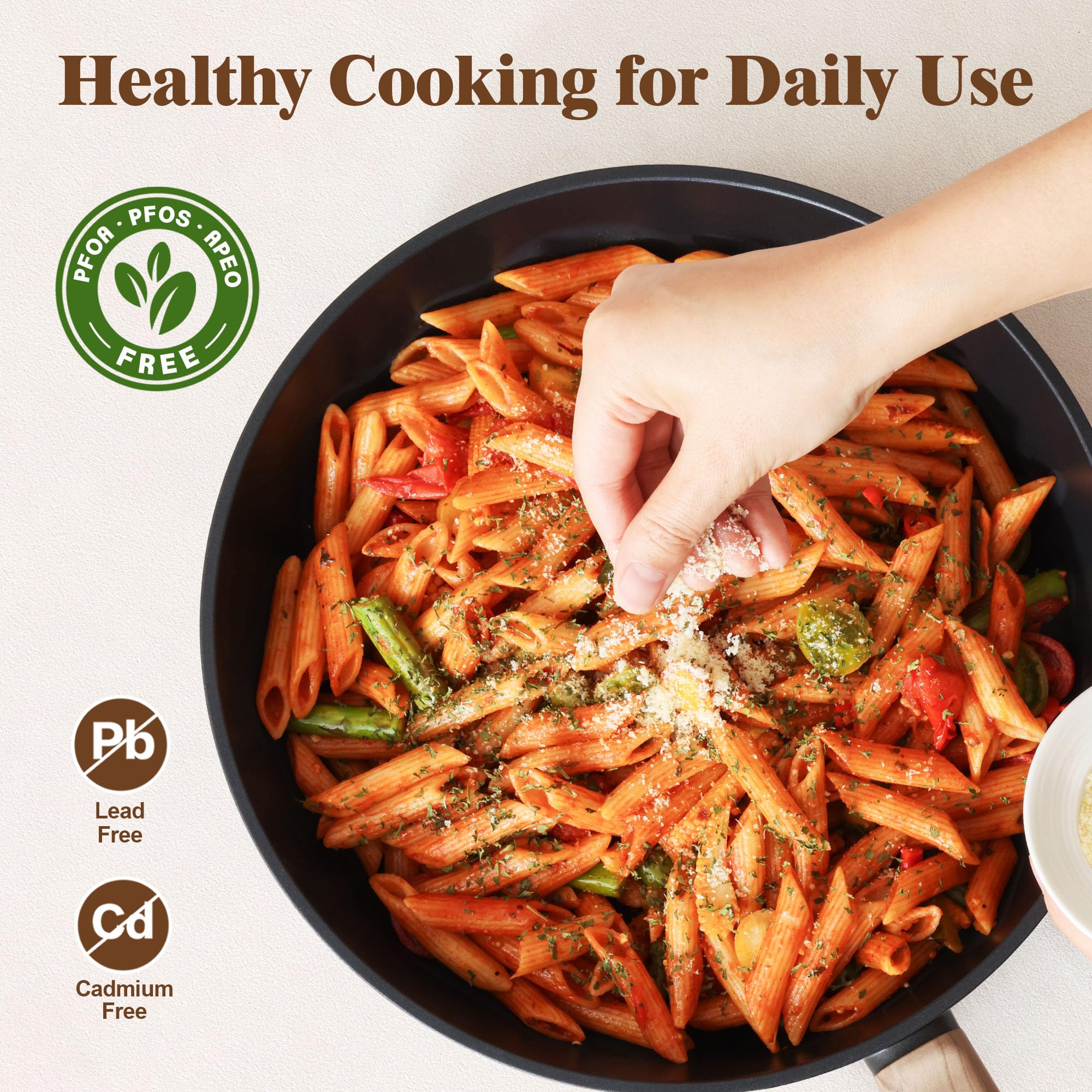 SENSARTE saucepan and sauté pan with food to show capacity and even heat distribution during cooking
