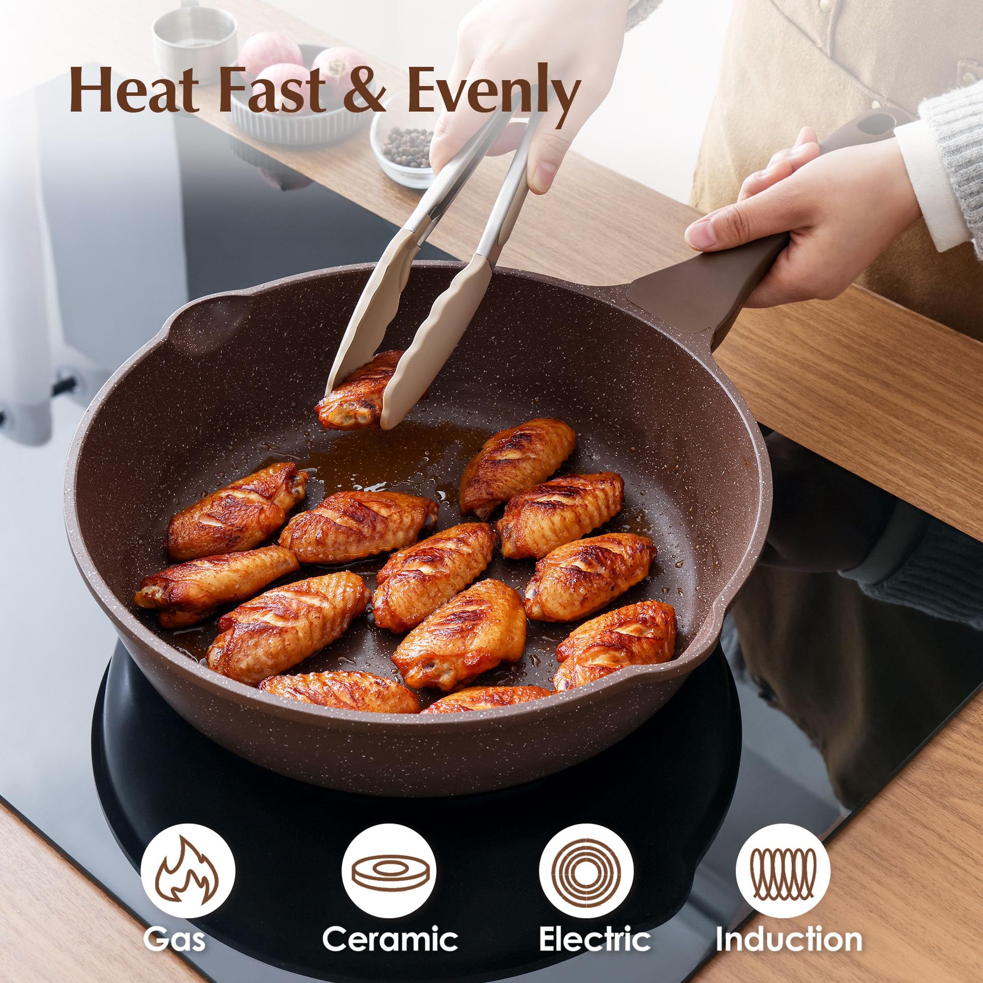 SENSARTE side profile with lid on pan, displays depth and splash protection advantage