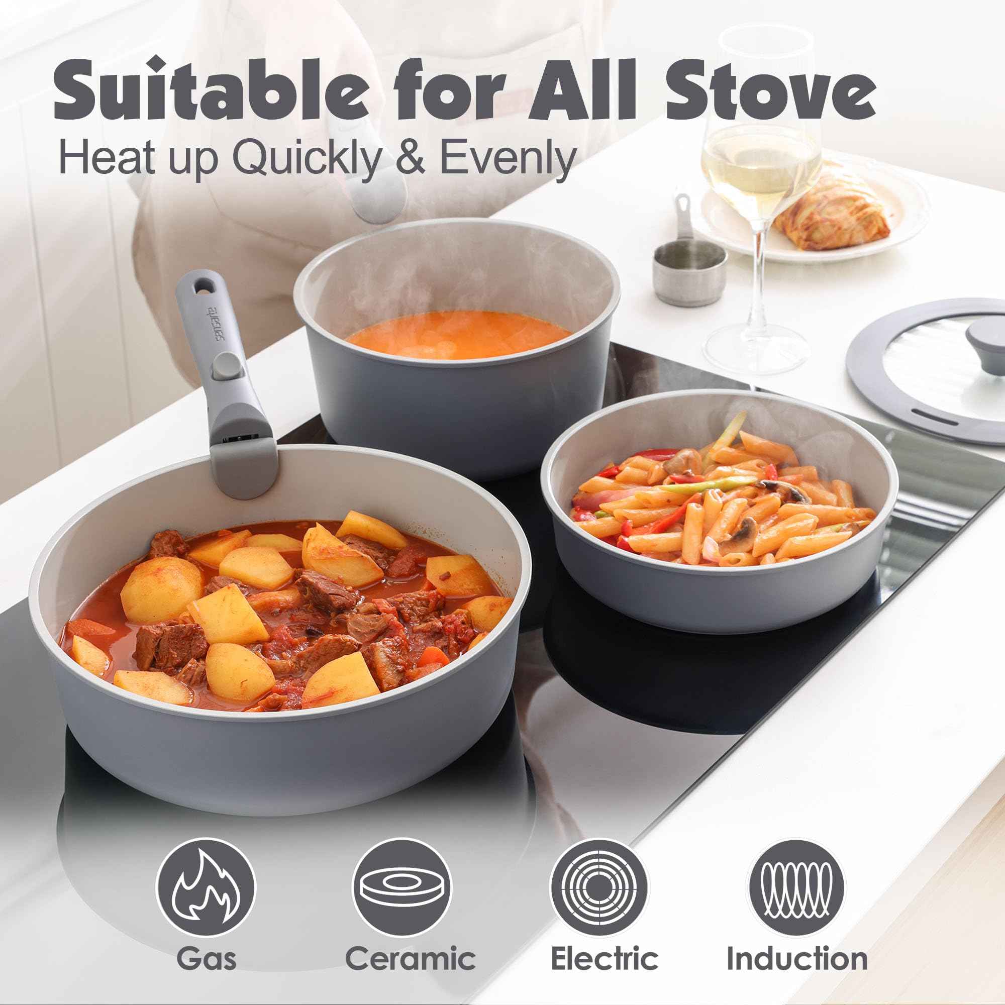 SENSARTE 10-inch skillet cooking vegetables on stovetop for quick cleanup advantage