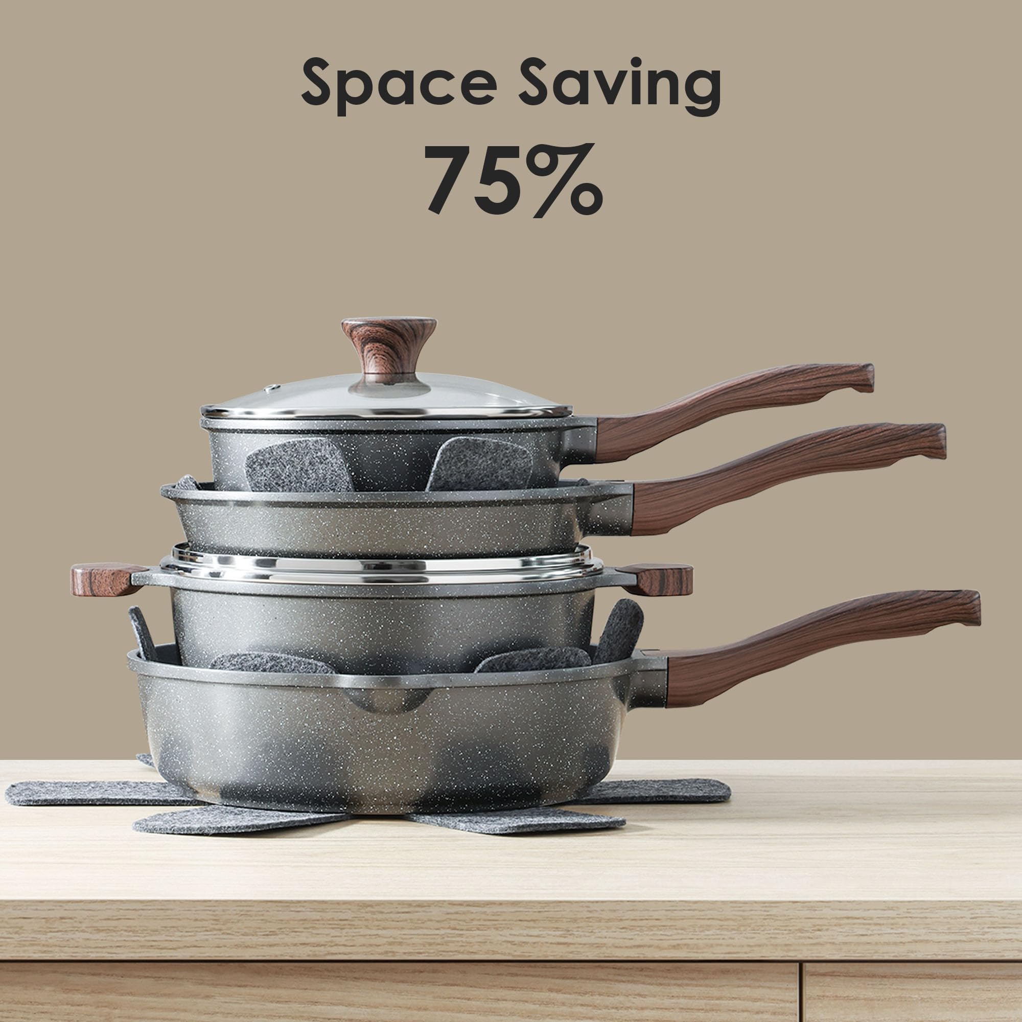 SENSARTE stacked pans with pan protectors showing scratch protection for storage