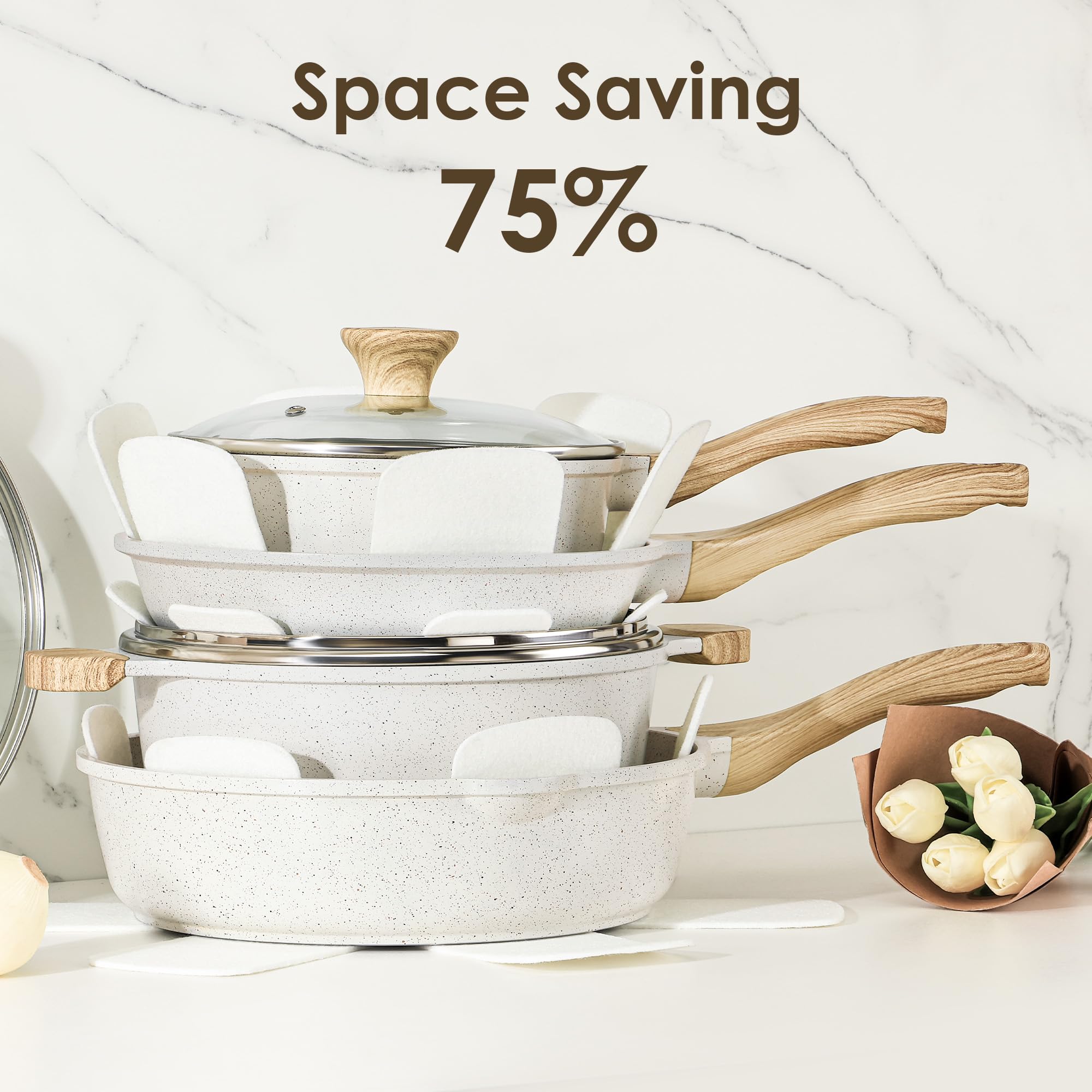 SENSARTE stacked pans illustrating compact storage and scratch protection