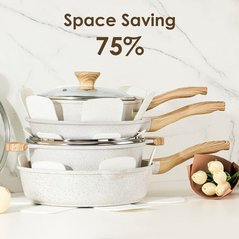 SENSARTE stacked pans illustrating compact storage and scratch protection