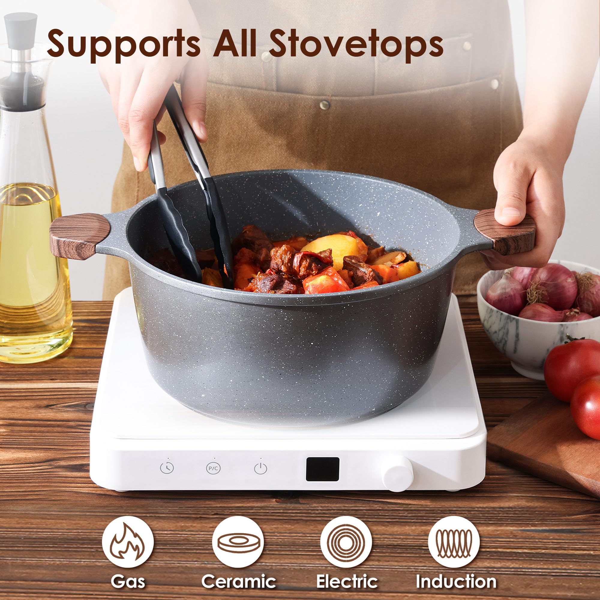 SENSARTE pot next to cutting board for size comparison, shows 7-quart capacity benefit