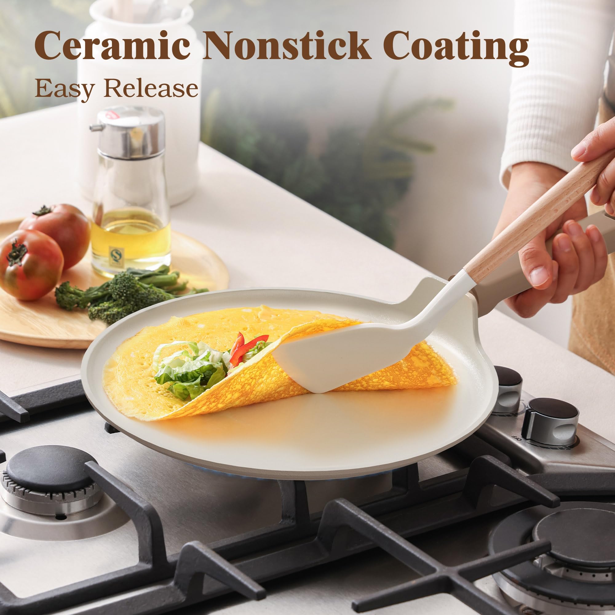 SENSARTE crepe pan close-up, shows ceramic texture and easy-release surface for delicate crepes