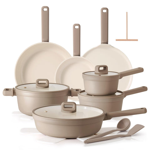 SENSARTE full taupe 20-piece set displayed neatly, shows complete cookware collection and convenience