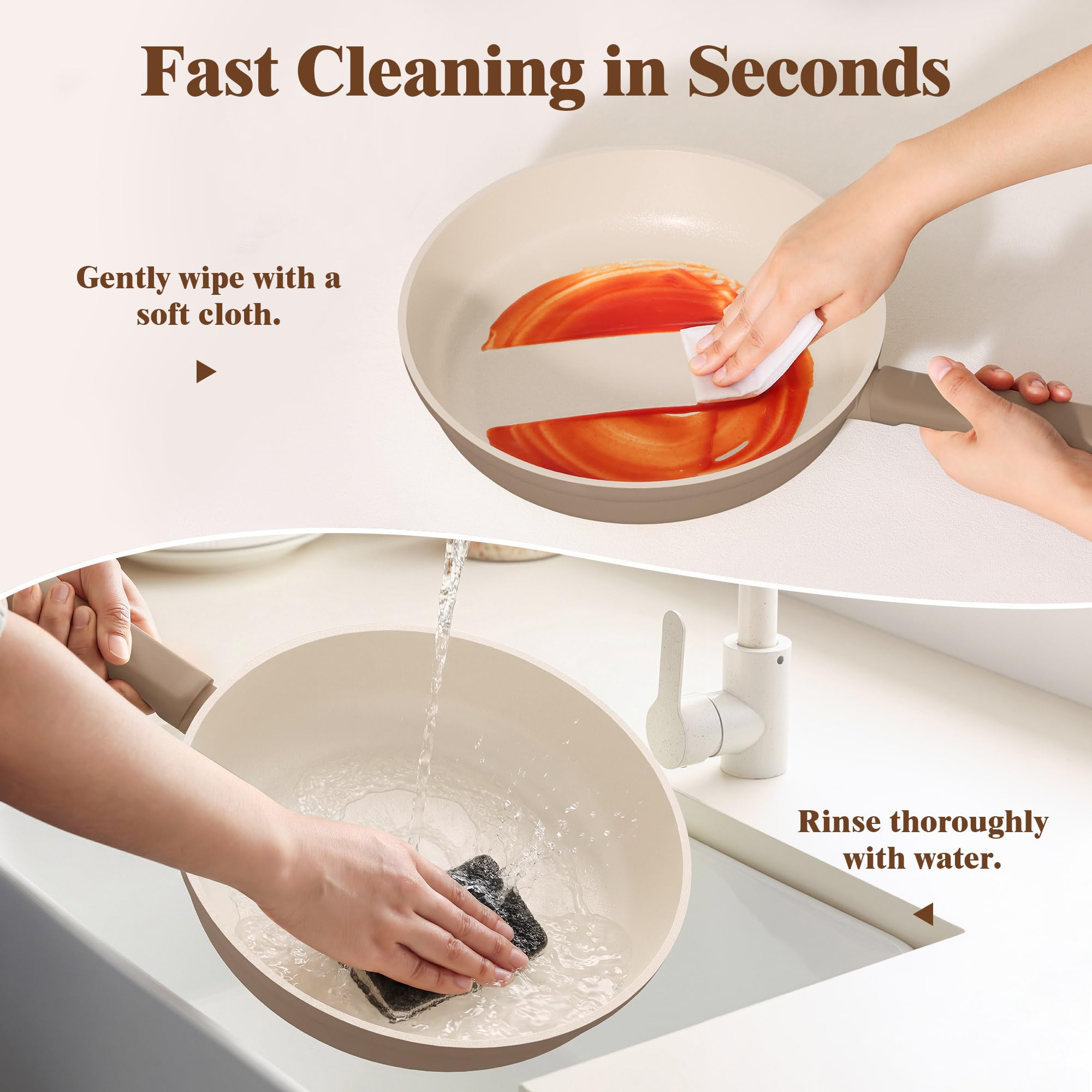 SENSARTE pan in oven without handle, demonstrates oven-safe use up to 480°F for finishing dishes