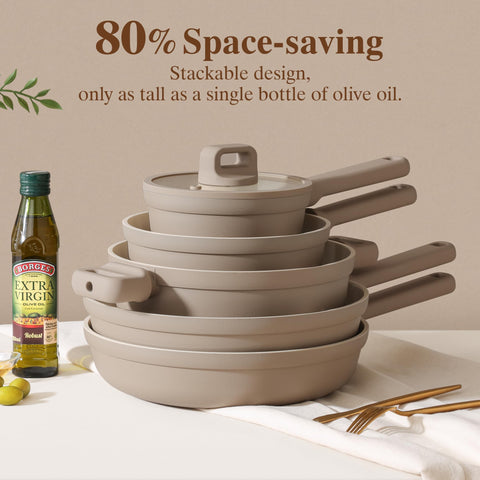 SENSARTE utensils and pan protectors neatly arranged, protect coating and prevent scratches in storage