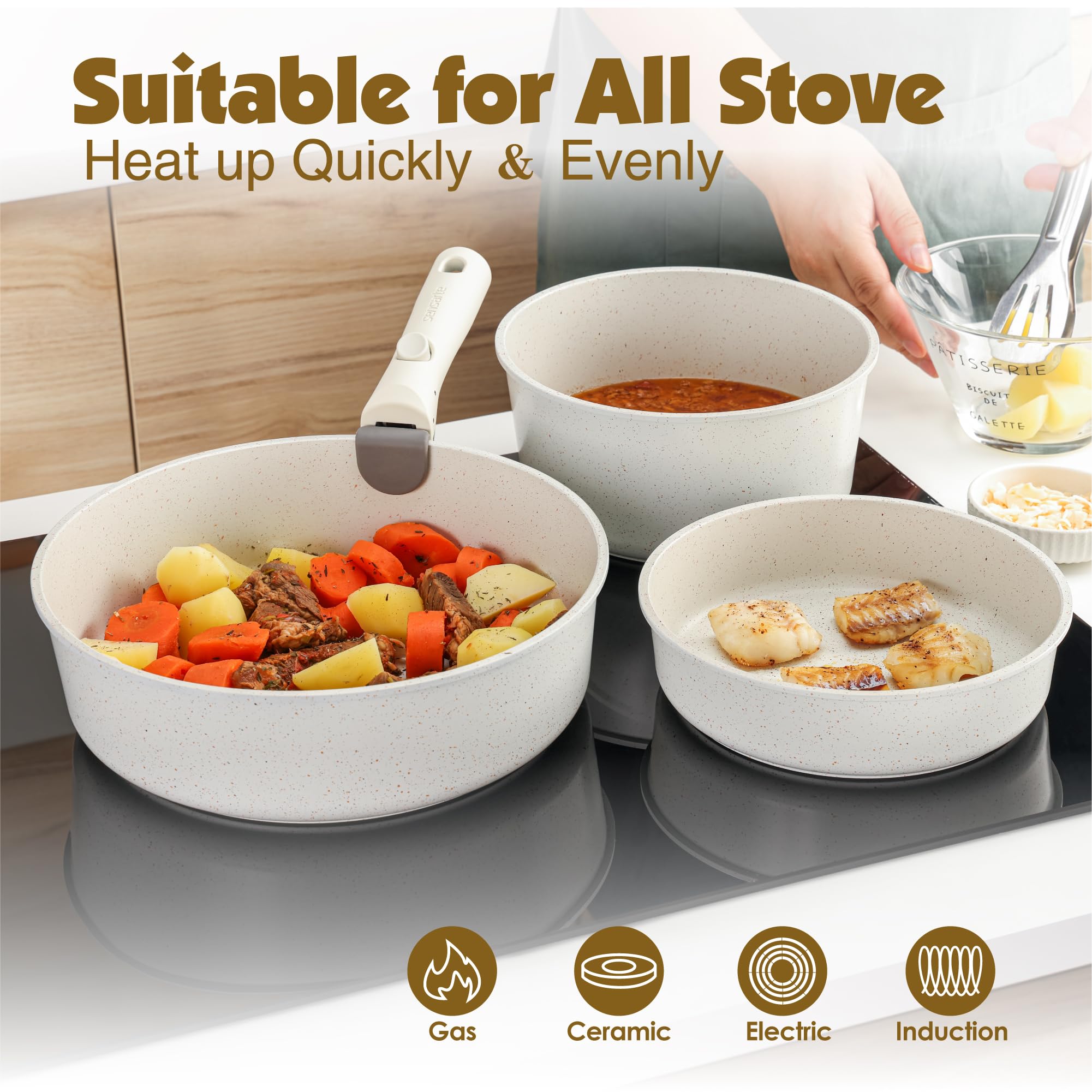SENSARTE silicone utensils and pot protectors displayed protecting cookware finish
