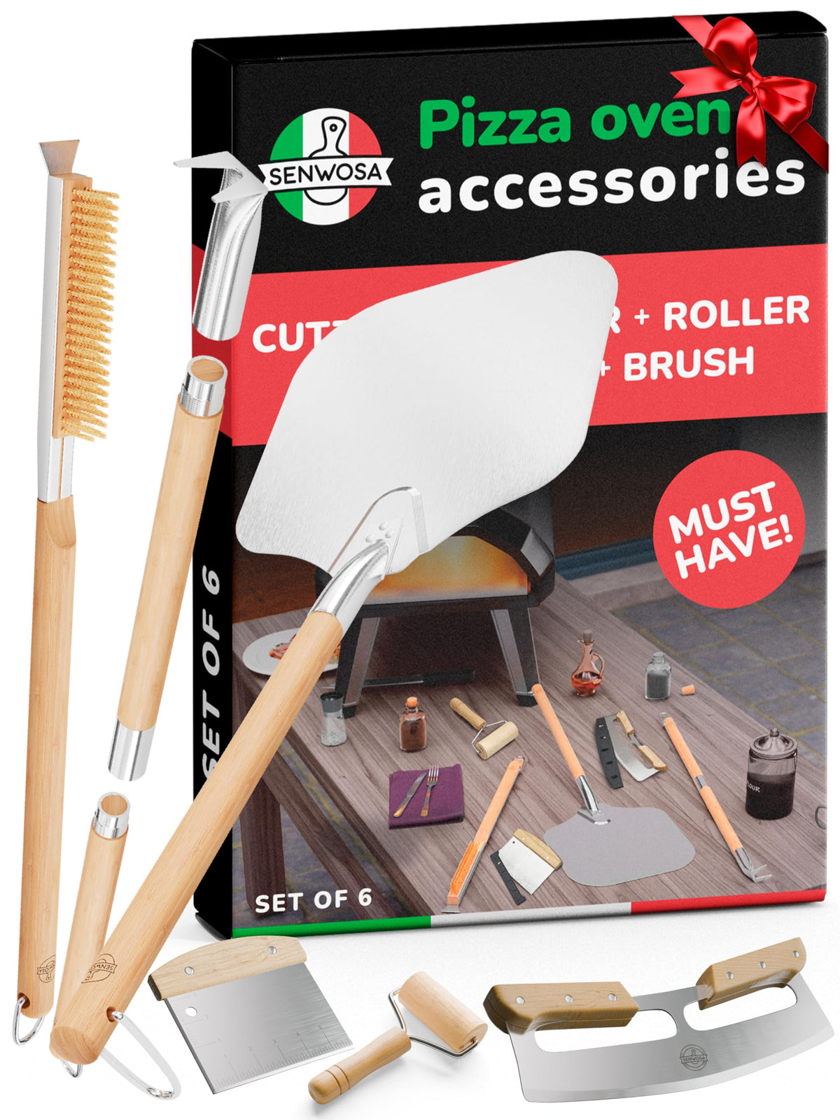 Senwosa kit front view displaying six tools for complete pizza workflow