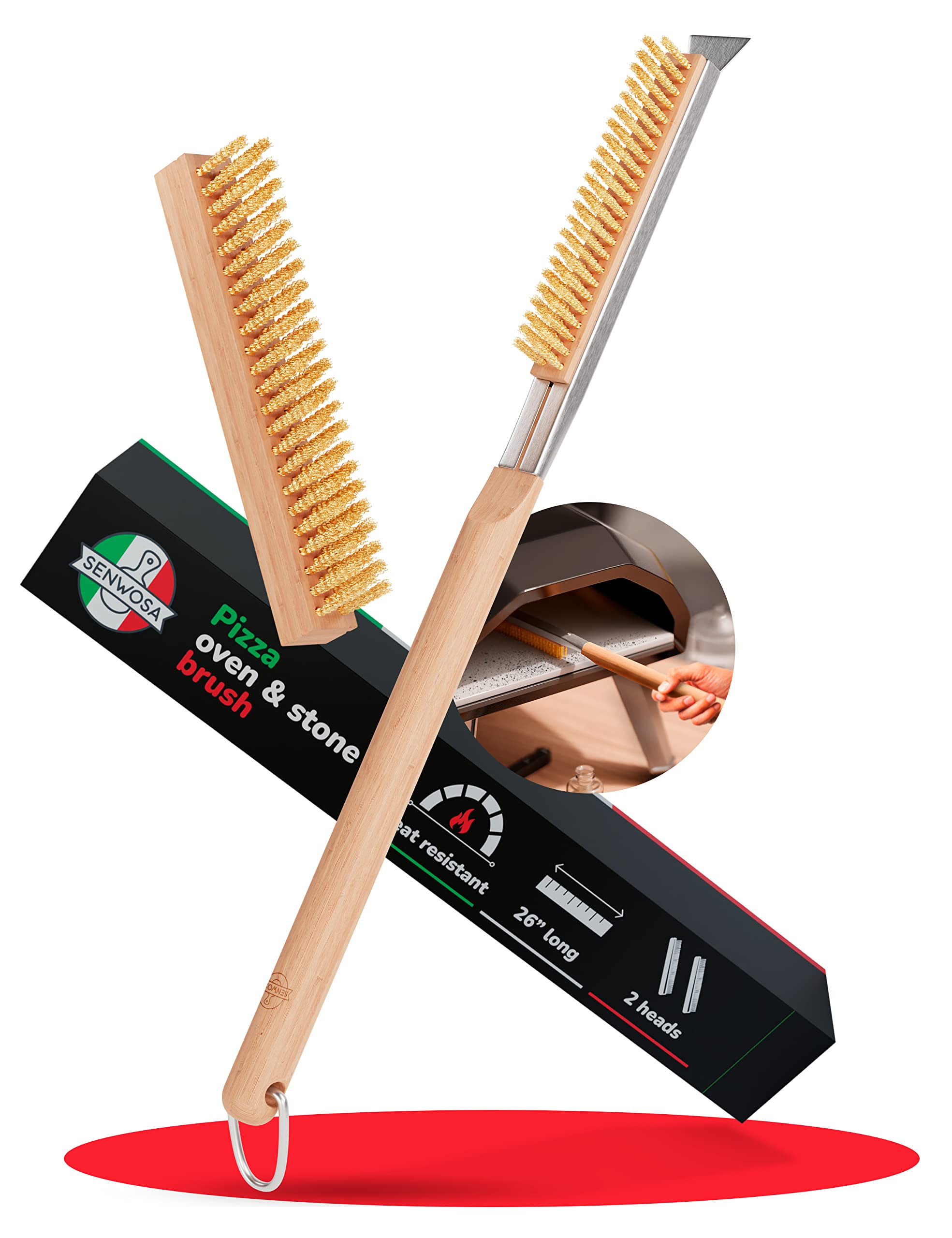 Senwosa front view of brush showing heat-resistant handle and cleaning benefit
