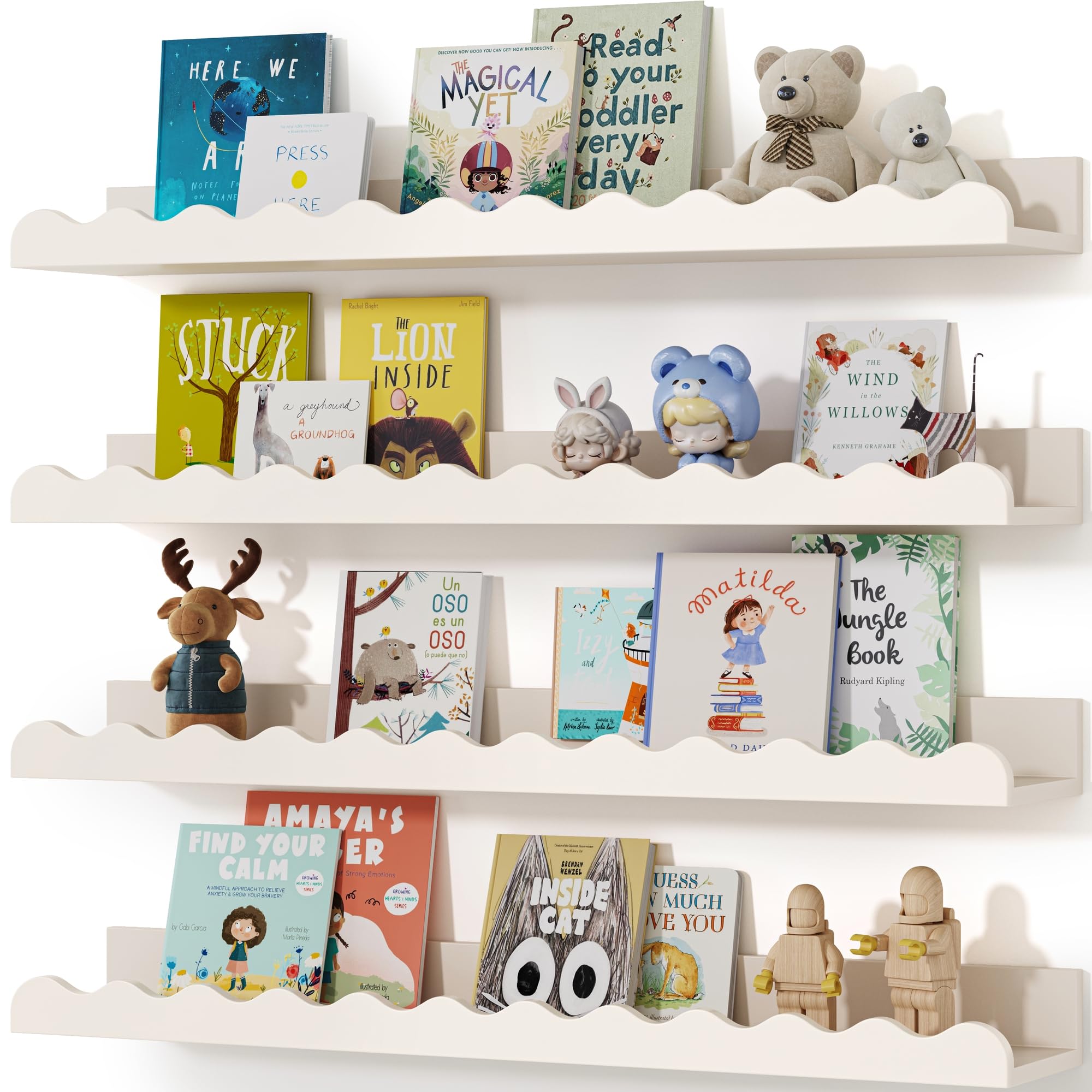 Seocry shelf front view showing white finish and tidy display benefit