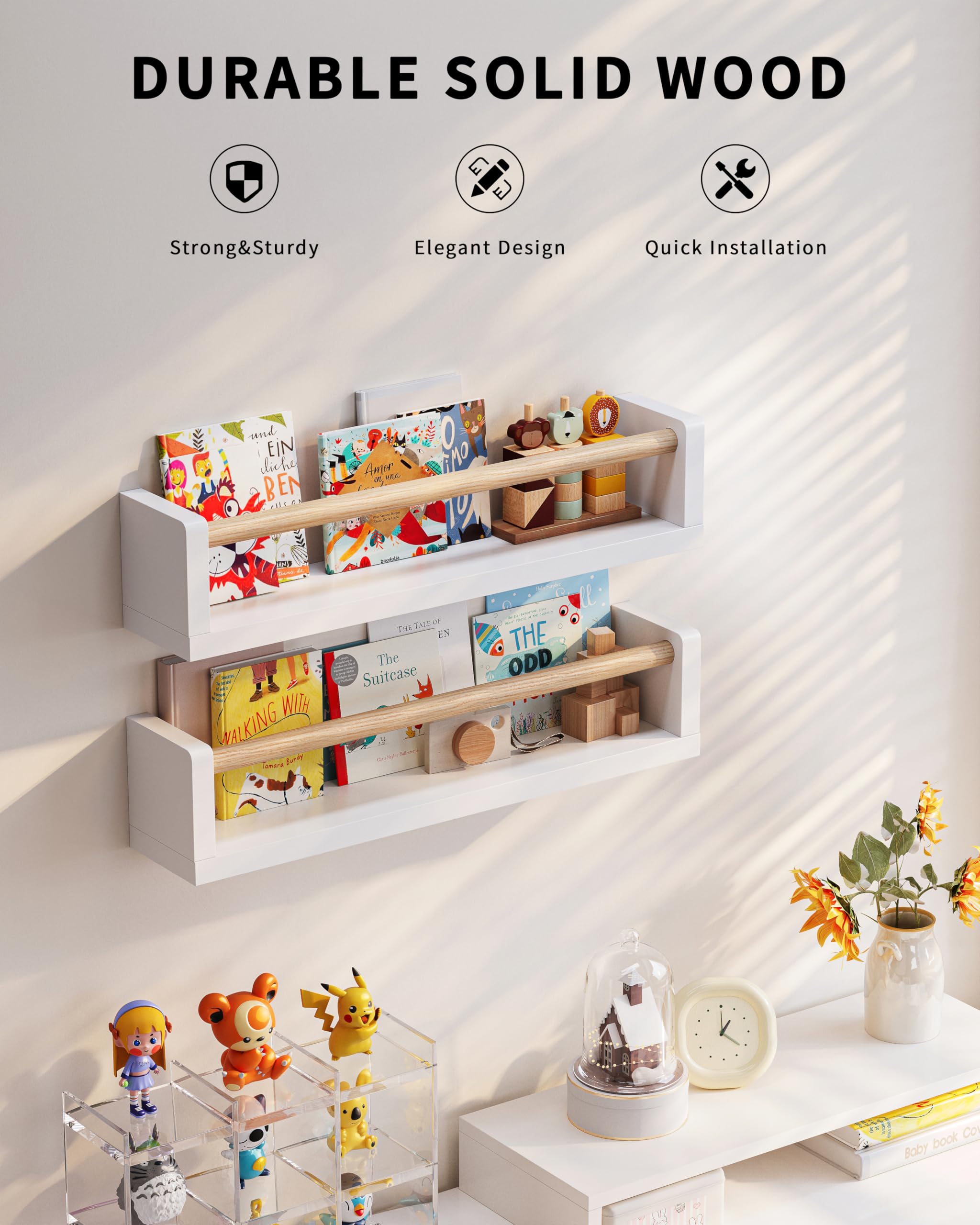 Seocry shelf displaying toys and baskets for clutter-free nursery benefit