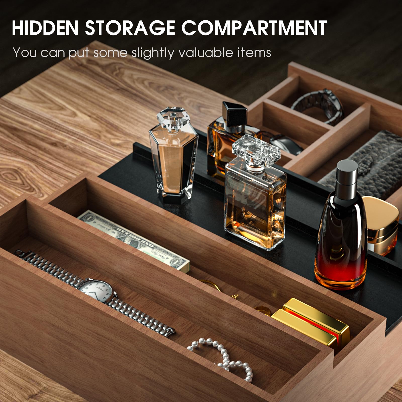 Sephyroth open drawer with watches and keys organized for easy access