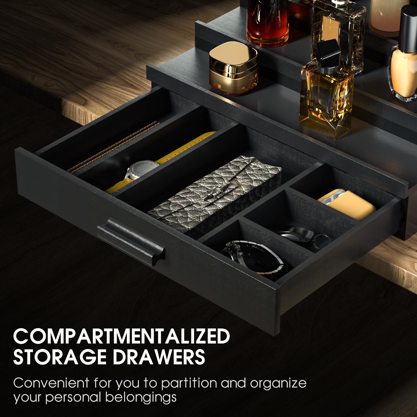 Sephyroth drawer open with dividers holding watch and keys for quick organization