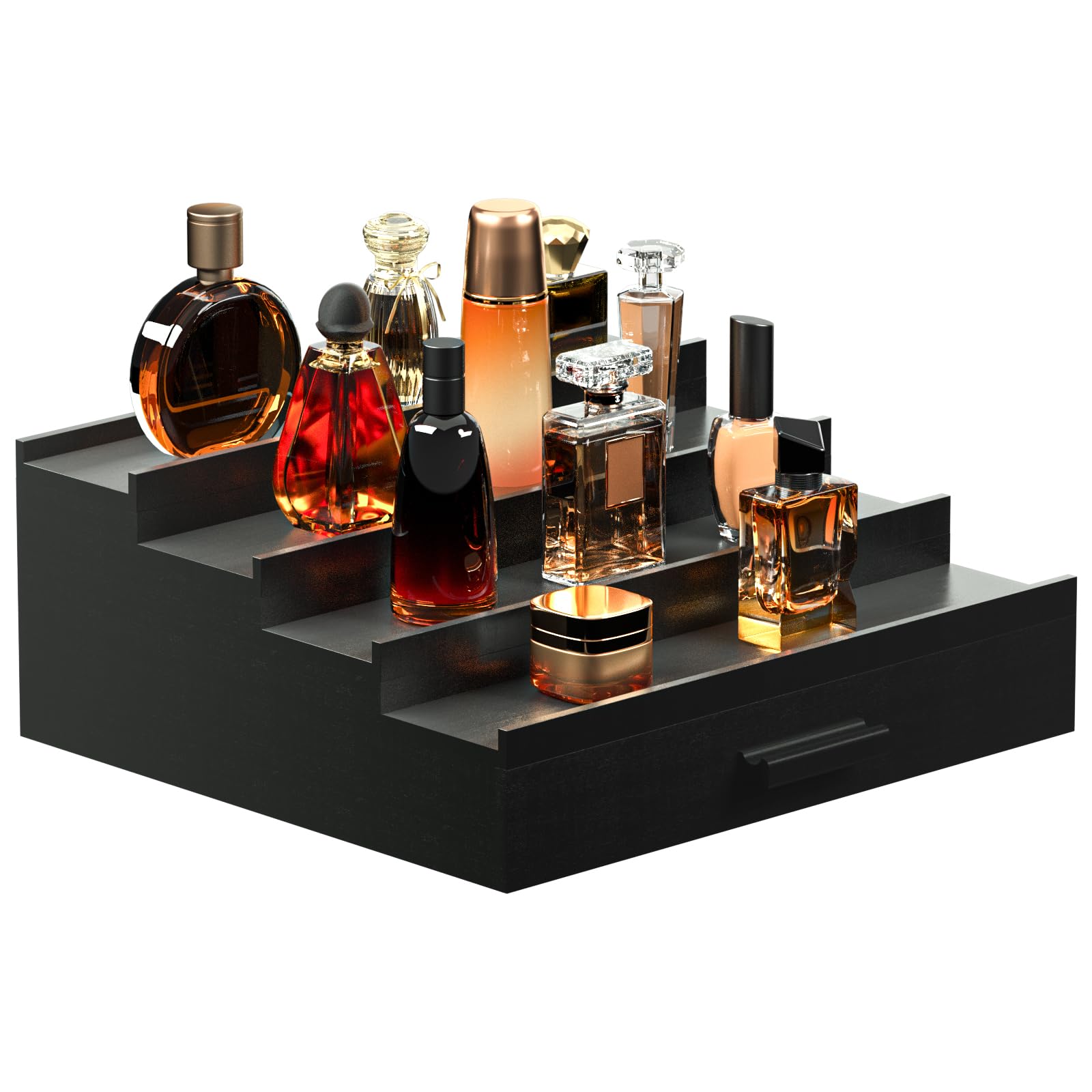Sephyroth front view of black cologne display showing organized bottles and tidy surface