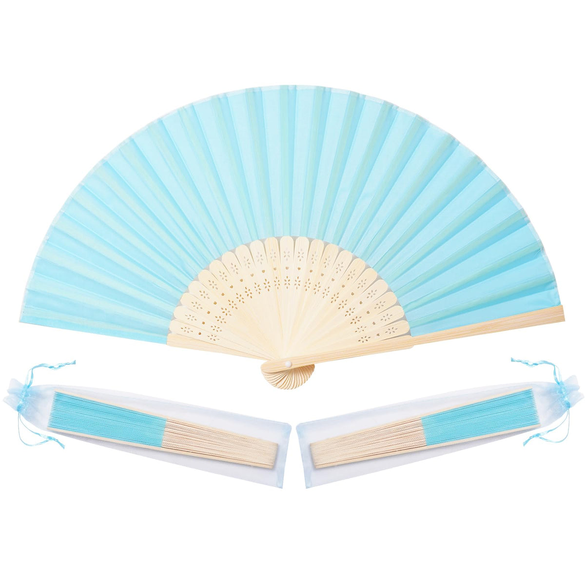 Sepwedd blue folded fan front view with organza bag for elegant favors