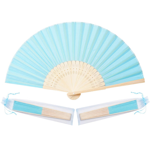 Sepwedd blue folded fan front view with organza bag for elegant favors