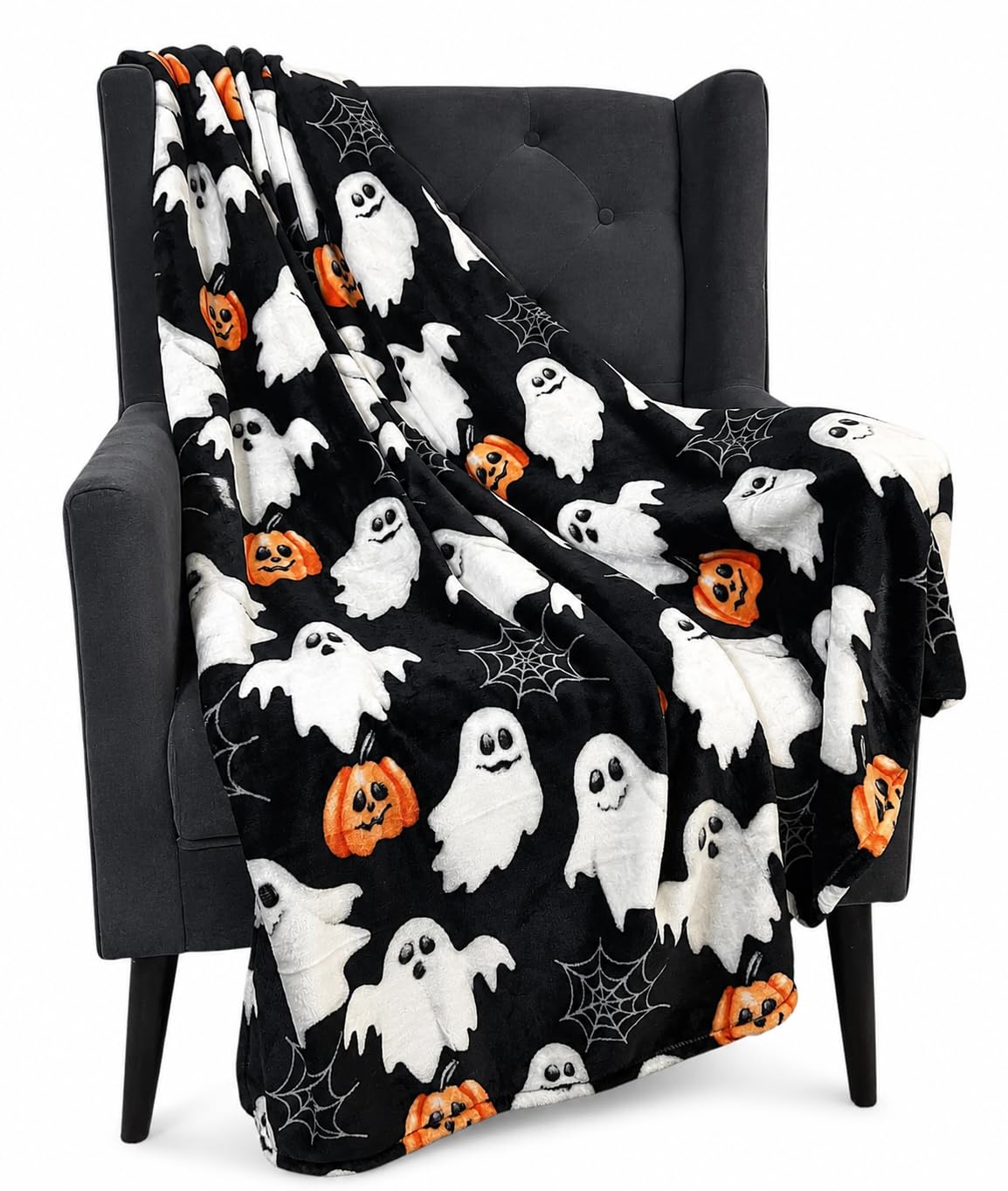 Serafina Home front view of Halloween fleece throw showing jack-o'-lanterns and ghosts for seasonal decor