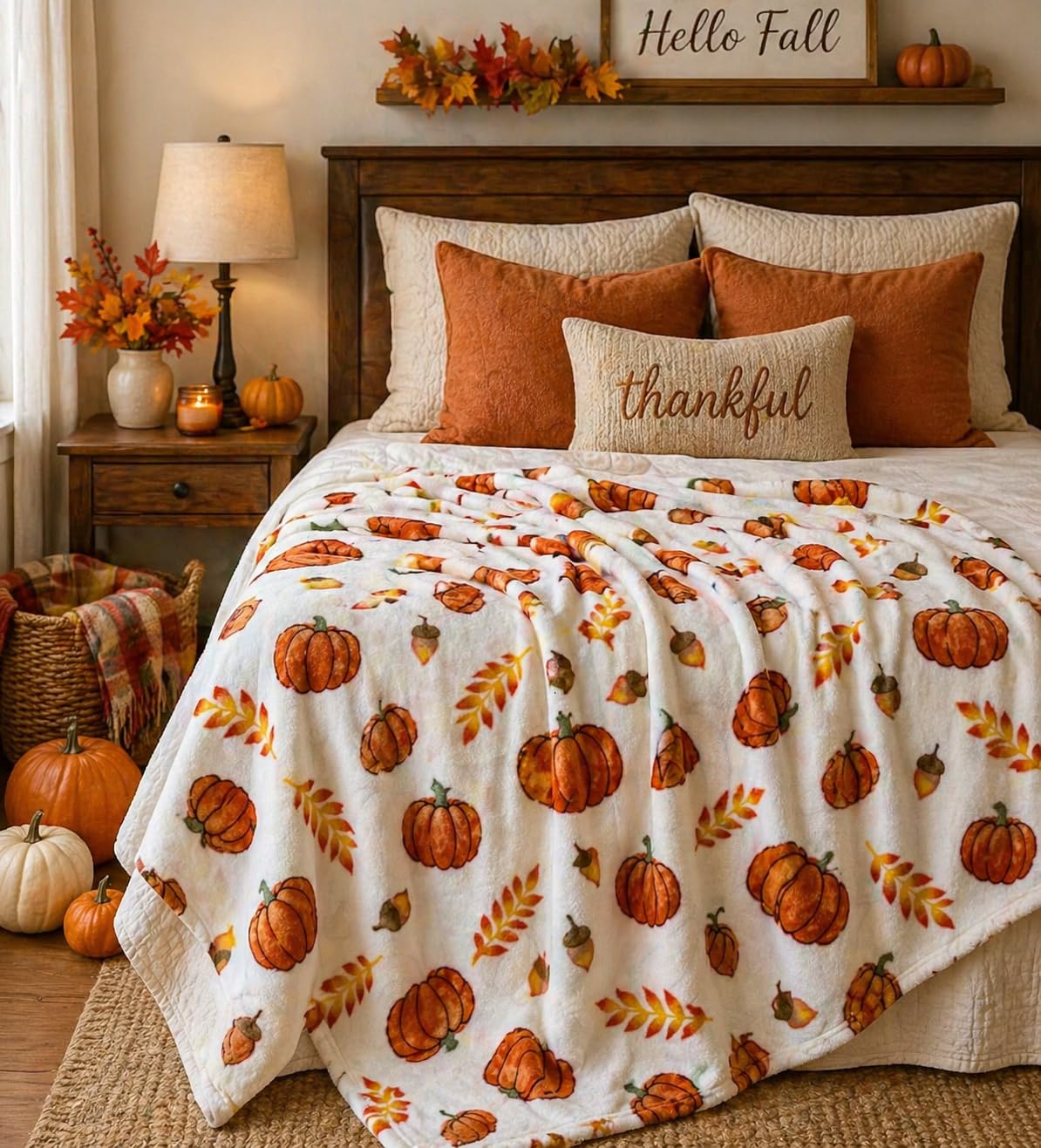 Serafina Home detailed view of pumpkins, leaves, acorns and wheat pattern for seasonal style