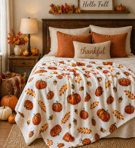 Serafina Home detailed view of pumpkins, leaves, acorns and wheat pattern for seasonal style