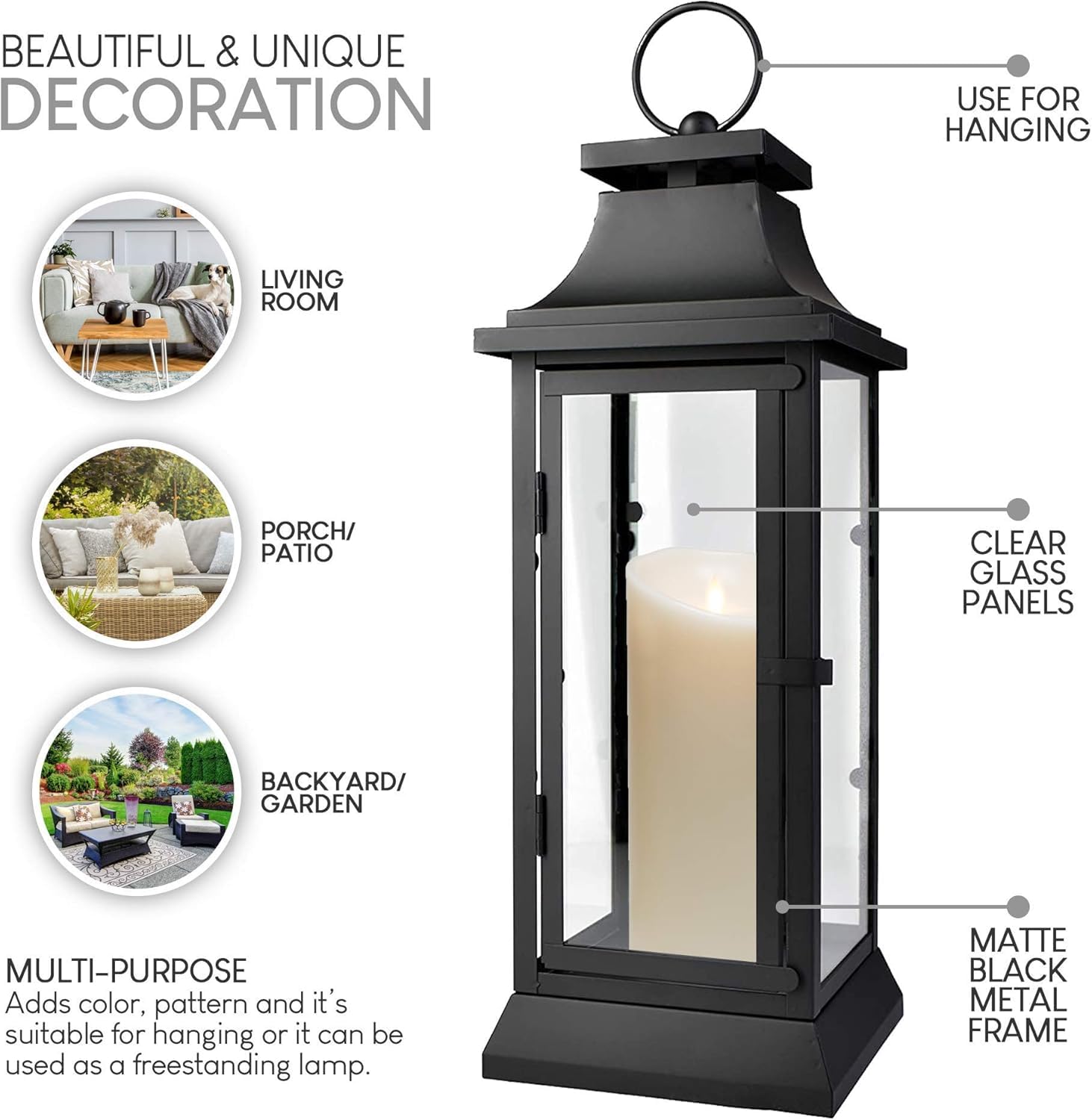 Serene Spaces Living lantern hanging on patio hook adding sheltered outdoor accent lighting